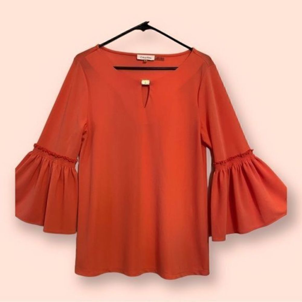 Calvin Klein tunic/blouse coral flared ruched ruffled long sleeve M - Picture 2 of 12